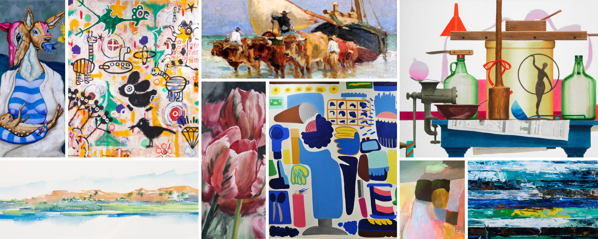 Collage of nine different images from the GVSU Art Museum Collection that show different styles of painting.